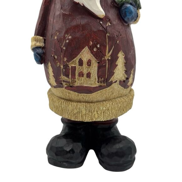 Rustic 12” Santa Figurine Brown Coat Holding Tree Village Scene Christmas Decor - Picture 3 of 9